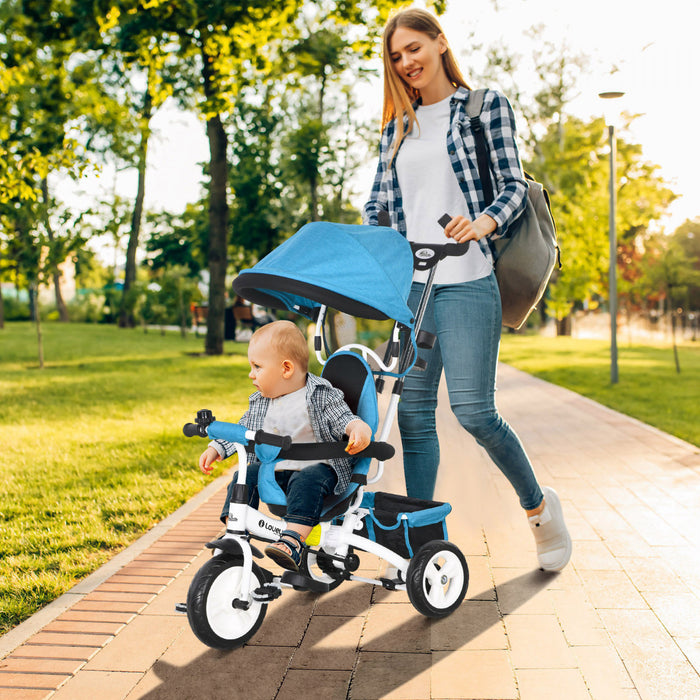 Qaba Toddler Tricycle, 6 In 1 Baby Bike Stroller With Foldable Canopy, Storage Basket, 5-point Safety Harness, Kids Trike For 1-5 Years Old, Blue