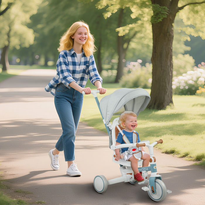 Qaba Toddler Tricycle, 7 In 1 Kids Trike With Adjustable & Removable Parent Handle, Canopy, Safety Harness, Folding Pedal, Storage Bag, Brake, Clutch, For 1-5 Years, Blue