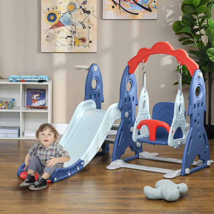 Qaba Kids Slide And Swing Set 3 In 1 Indoor Playground With Basketball Hoop, Adjustable Swing, Climber For Toddler, For Aged 1-3 Years, Dark Blue