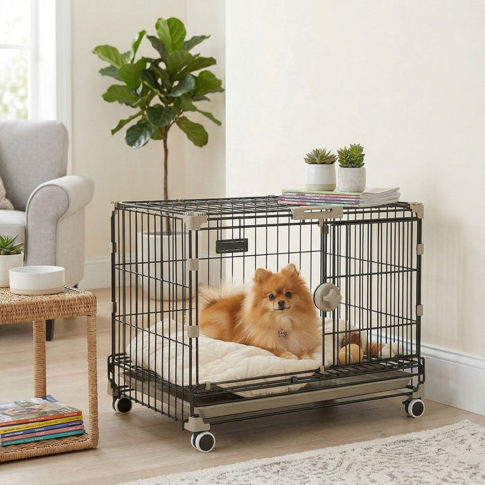 PawHut Dog Crate, 24 Inch Metal Dog Cage with Removable Tray, Lockable Wheels, 2 Doors for Small Breeds, Black