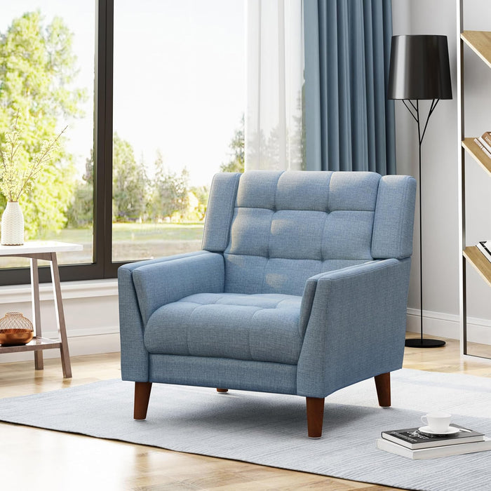 Midway Mid-Century Modern Armchair with Tufted Waffle Stitch, Blue, Walnut