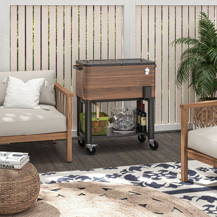 Outsunny Patio Cooler Cart, 60qt Outdoor Cooler with Locking Wheels, Brown