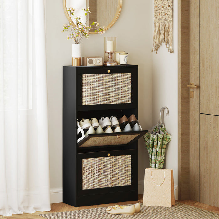 HOMCOM Rattan Shoe Storage Cabinet Organizer with 3 Flip Drawers
