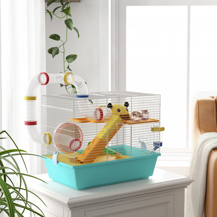 PawHut Hamster Cage 3 Tiers Small Animal House for Dwarf Hamster Gerbil Cage with Complete Tunnels, Water Bottle, Exercise Wheel, Food Dish, Ramps, Hut, 18\" x 11\" x 15\", Light Blue