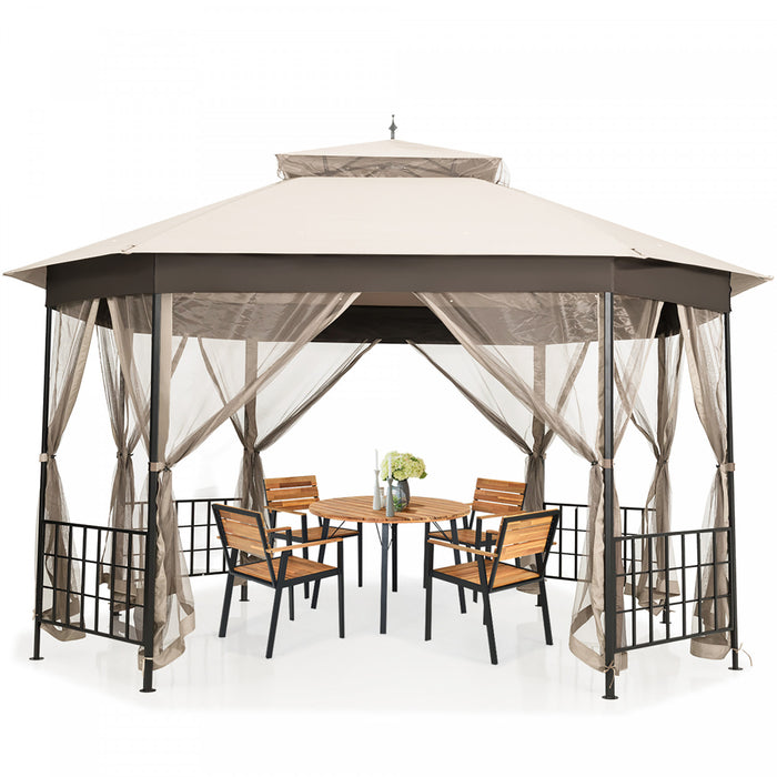 Costway 10'x12' Patio Gazebo Canopy Shelter Double Top Netting Sidewalls Beige