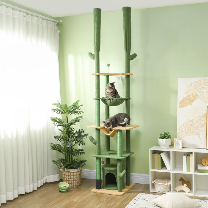 Pawhut Floor To Ceiling Cat Tree, 89\"-100\" Adjustable Height Cat Tower For Large Cats With Scratching Posts, Grooming Brush Post, Cat Condo, Perches, Hammocks, Balls, Green
