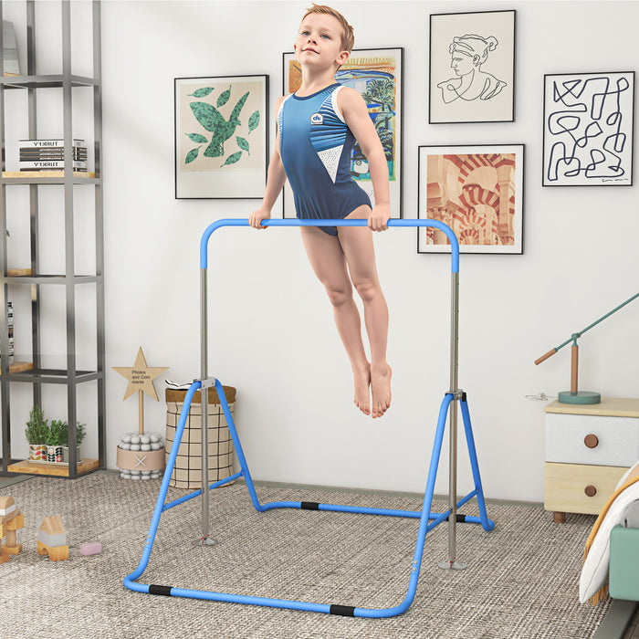 Qaba Gymnastics Bar For Kids, Foldable Gymnastics Equipment With Adjustable Height, Expandable Horizontal Kip Bar For Home Training, Blue