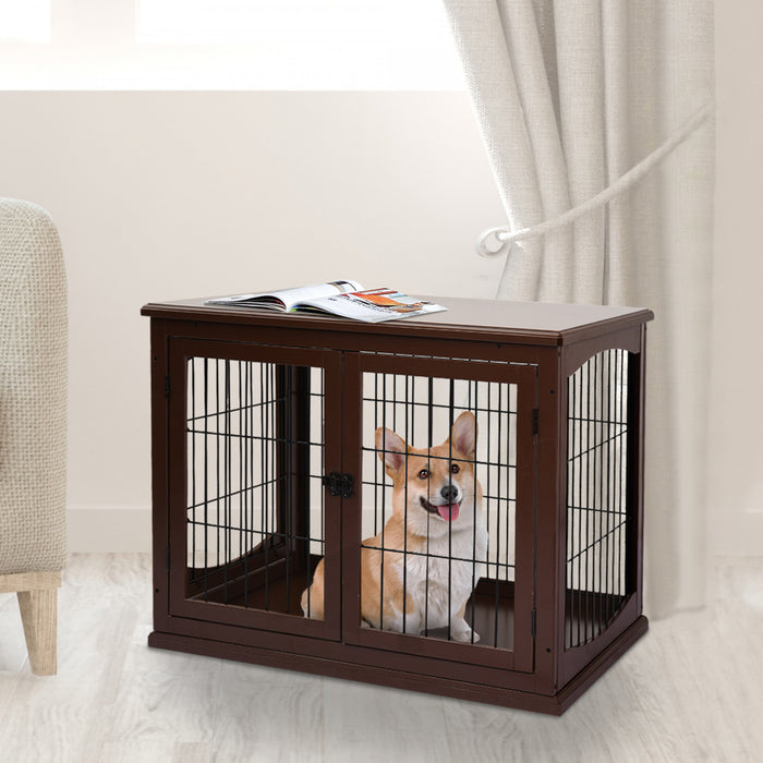 Pawhut 32\" Wooden Dog Crate Furniture Dog Cage, Modern Side Table Pet Kennel With Double Lockable Door, 32\" L X 23\" W X 26\" H, Brown