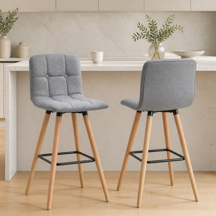 HOMCOM Bar Stool Set of 2 Upholstered Kitchen Stool w/ Wood Legs, Grey