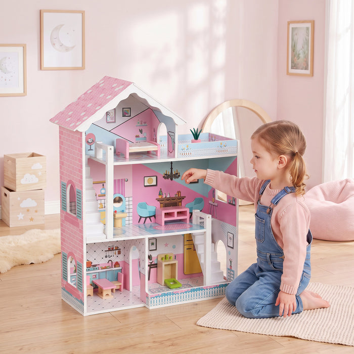 Qaba Wooden Doll House for Kids, 3-Story Dollhouse Playset with 6 Rooms and 10-Piece Accessories for Dolls Up to 7.9\" Tall, Gift for 3-6 Years, Pink