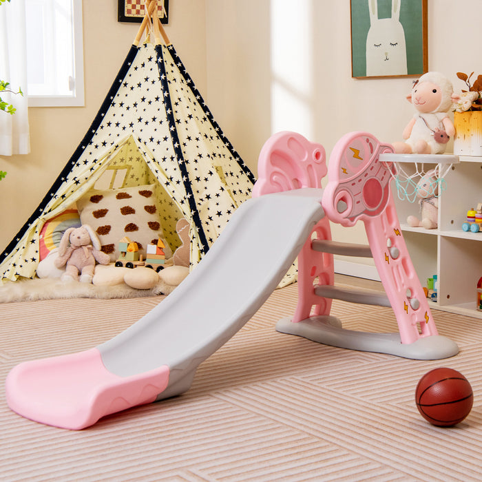 Costway 3-in-1 Kids Indoor Slide With Basketball Hoop & Basketball, Safe Buffer Zone Pink