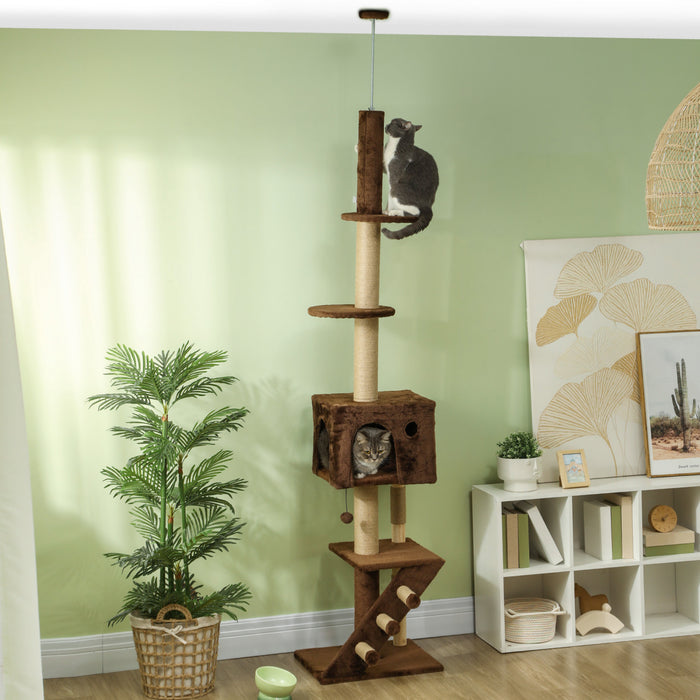 Pawhut Floor To Ceiling Cat Tree For Large Cats Adult, Cat Tower Adjustable Height 89\"-104\" W/ Scratching Post, Cat House, 3-steps, Hanging Ball, Perches, Anti-tip Kit, Brown