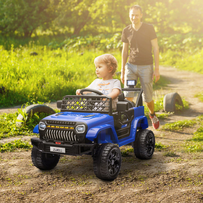 Qaba 12v Powered Ride-On Truck Car, Electric Car For Kids With Remote Control, Openable Doors, Spring Suspension, 3 Speeds, Usb Music Horn, Led Headlights, Dark Blue