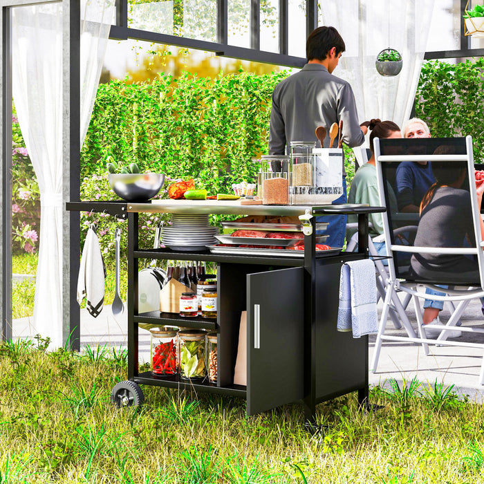 Outsunny Outdoor Grill Cart with Stainless Steel Top, Foldable Side Table, Pizza Oven Table, Wheels, Hooks, Shelves, Cabinet, Movable Barbecue Grill Dining Cart, Includes Cover, Black