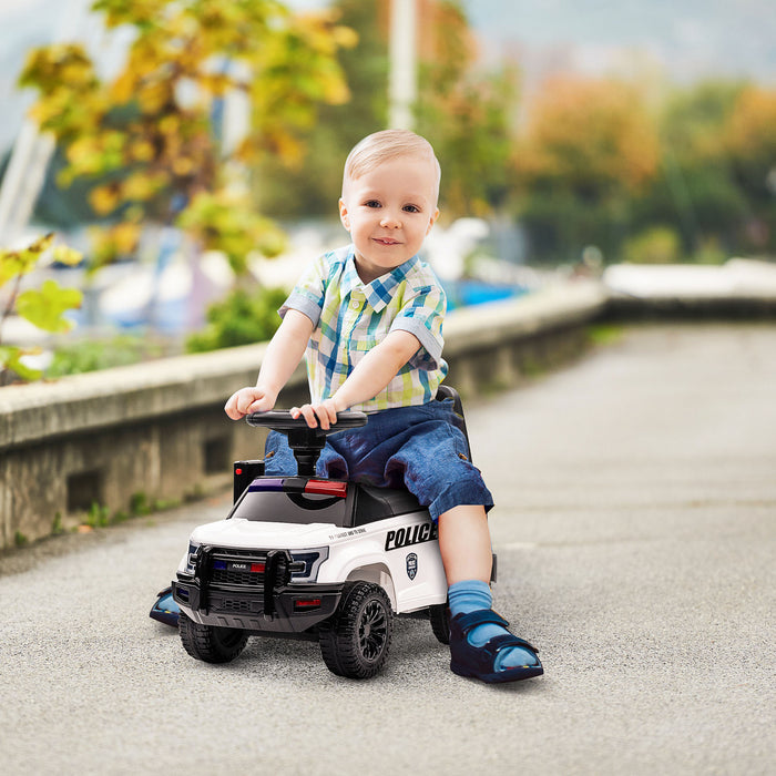 Aosom Kids Ride On Sliding Car With Hidden Under Seat Storage, Ride On Police Car For Toddler With Megaphone, Anti Dumping Device, Removable Backrest, Foot-to-floor Design, Aged 18-60 Months, White