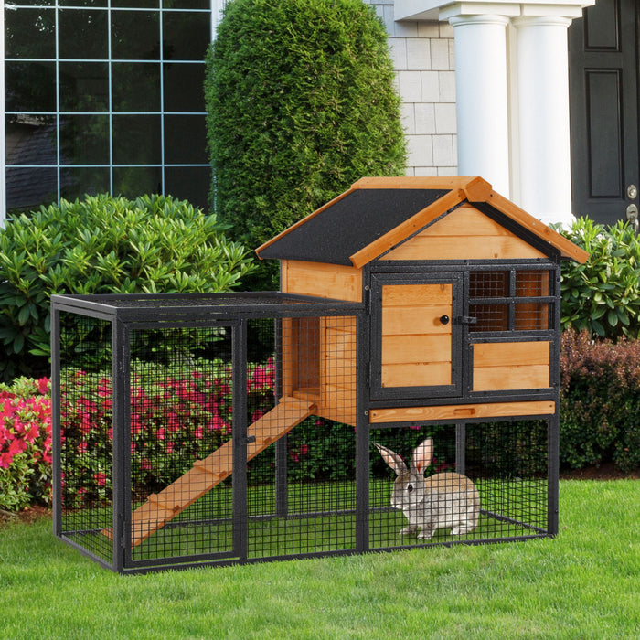 Pawhut Wood-metal Pet House Elevated Rabbit Hutch Bunny Cage Small Animal Habitat With Slide-out Tray Lockable Door Water-resistant Asphalt Roof Outdoor 48\"x25\"x36\" Light Yellow