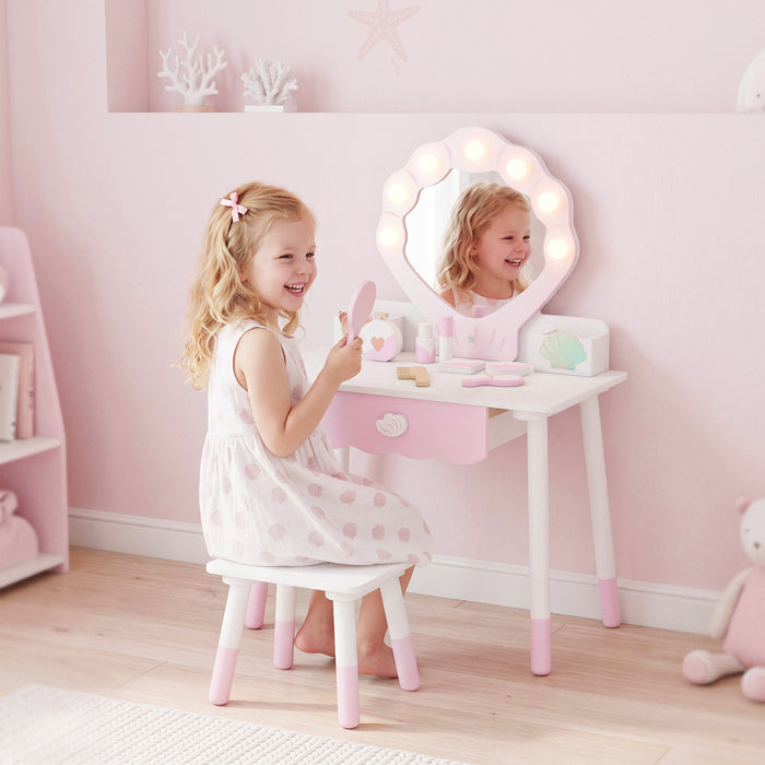 Qaba Kids Vanity Set, Makeup Vanity Table with Lights, Mirror, Stool, 7Pcs Accessories, Pretend Makeup Play Set for Girls 3-8 Years, Pink