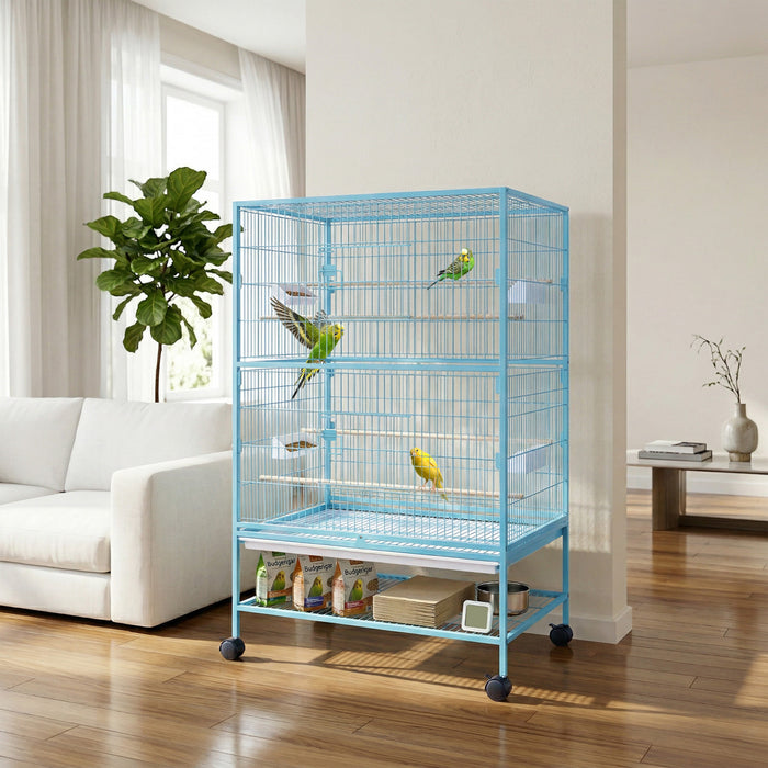 PawHut 52\" Large Steel Bird Cage for Parrot Budgie Cockatiels African Grey Parakeets Pigeons with Rolling Stand, Storage Shelf, Wood Perch, Food Container, Light Blue