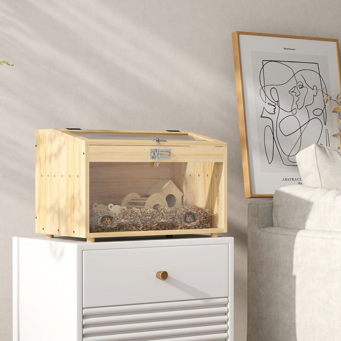 Pawhut 22\"l Hamster Cage, Small Animal Cage With Openable Top & Transparent Acrylic Windows, Hamster Enclosure With Hut, Seesaw, Ladder, For Dwarf Hamster, Gerbil, Natural Wood