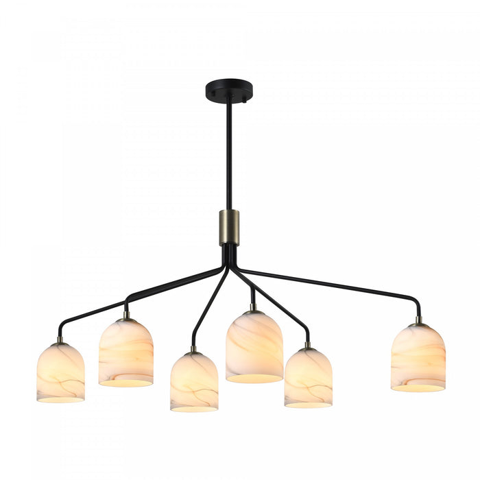 Crema 6 Light Chandelier, Black, Brushed Brass With Alabaster Style Glass
