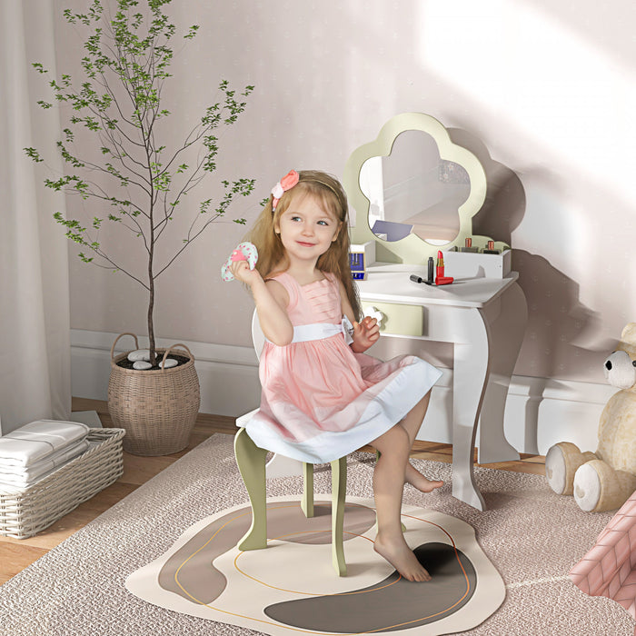Qaba Kids Vanity Set With Mirror And Stool, Makeup Vanity Table For Children 3-6 Years Old, With Drawer Storage Boxes, Flower-design