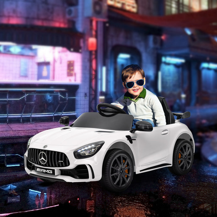 Qaba Electric Car For Kids, Mercedes-benz Amg Gtr Licensed Powered Ride-On Car With Remote Control, Lights, Music, Horn, Auxiliary Wheels, Soft Start, For 3-6, White