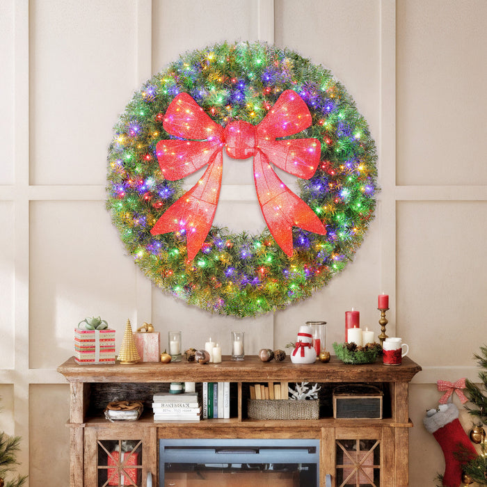 HOMCOM 60in Pre-Lit Christmas Wreath for Front Door with 3D Red Bow