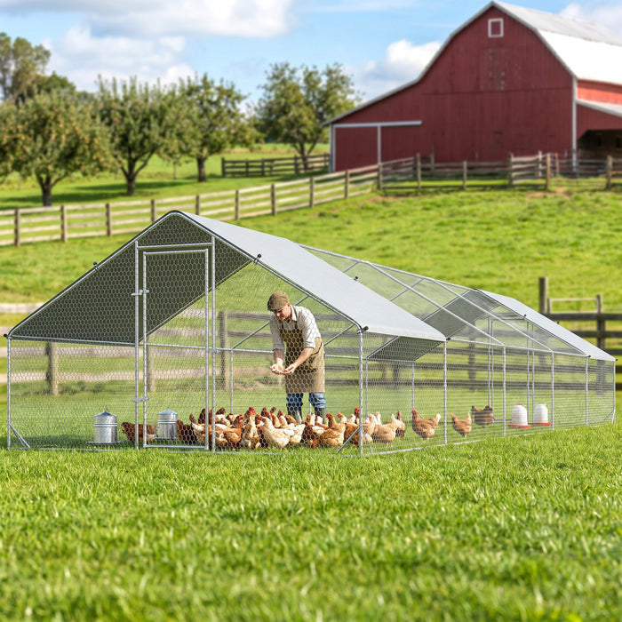PawHut Metal Chicken Coop, Walk-in Large Chicken Run Outdoor, Poultry Cage for 30-40 Hens, Duck, Rabbit with Water- and UV-Protection Cover, for Backyard, Garden, 32.8'x9.8'x6.4'