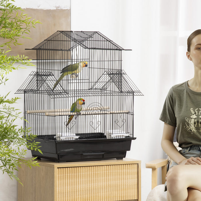 Pawhut 25\" Bird Cage For Finches, Canaries, Budgies, Indoor Parrot Cage With Perch, Swing, Food Container, Slide-out Tray, Handle, Black