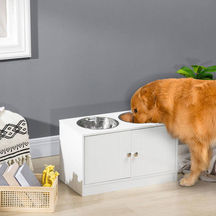 Pawhut Elevated Dog Bowls For Large Dogs Pet Feeding Station With Stand, Storage, 2 Stainless Steel Food And Water Bowls, White, 23.6\" X 11.8\" X 14\"