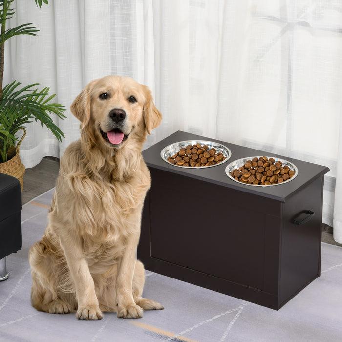 Pawhut Elevated Dog Bowls For Large Dogs With Storage Dog Pet Diner Function 2 Stainless Steel Dog Bowls Elevated Base For Big-sized Dogs And Other Large Pets, Dark Brown