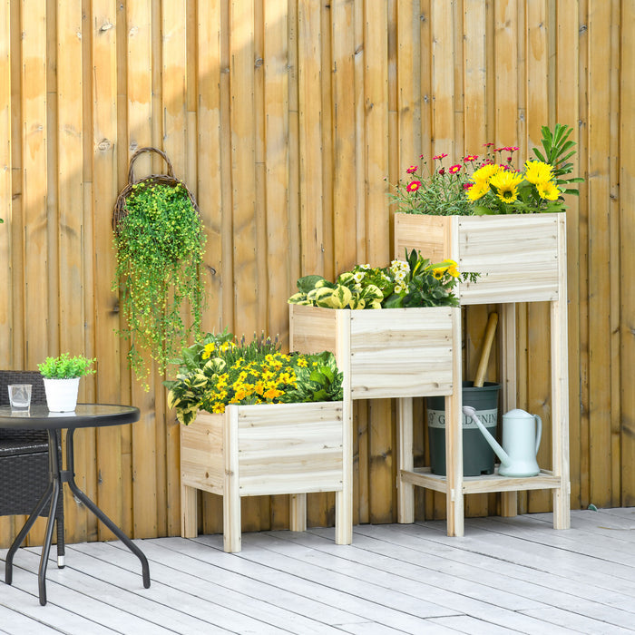 Outsunny 49'' X 18'' X 43'' 3-tier Raised Garden Bed W/ Storage Shelf And Drainage Hole, Wood Elevated Planter Box Kit, Freestanding Wooden Plant Stand For Vegetables, Herb And Flowers
