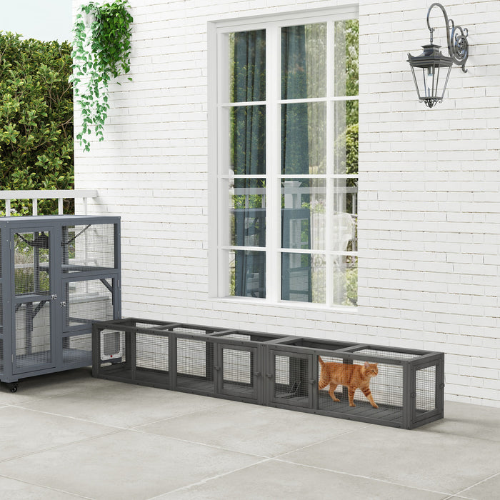 PawHut Cat Tunnel, Outdoor Cat Enclosure with Combinable Design, 8 Doors, 98\" Kitty Toys for Puppy, Pet, House, Window, Cage, Dark Grey