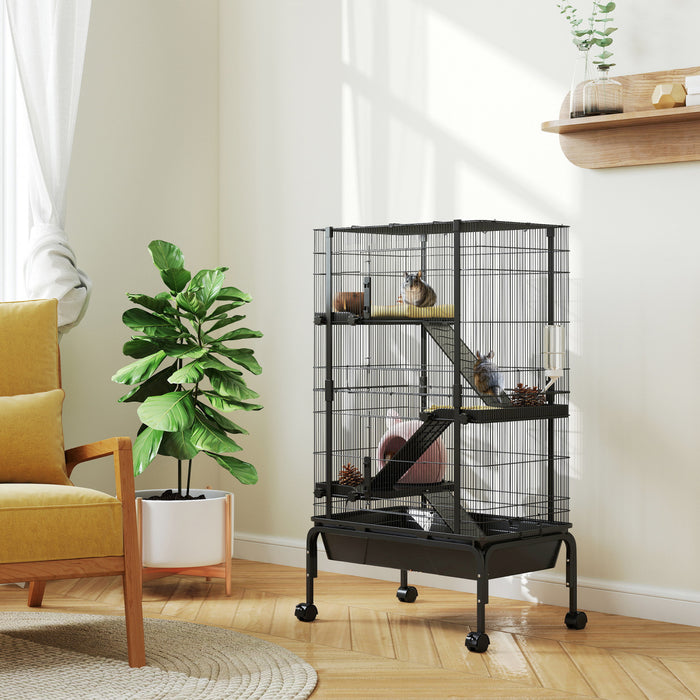 PawHut 47\"H Ferret Cage, Large 4-Tier Guinea Pig Cage with Wheels, Ramps, Bowl, Water Bottle & Removable Tray, Metal Small Animal Habitat for Rabbits, Chinchillas, Black
