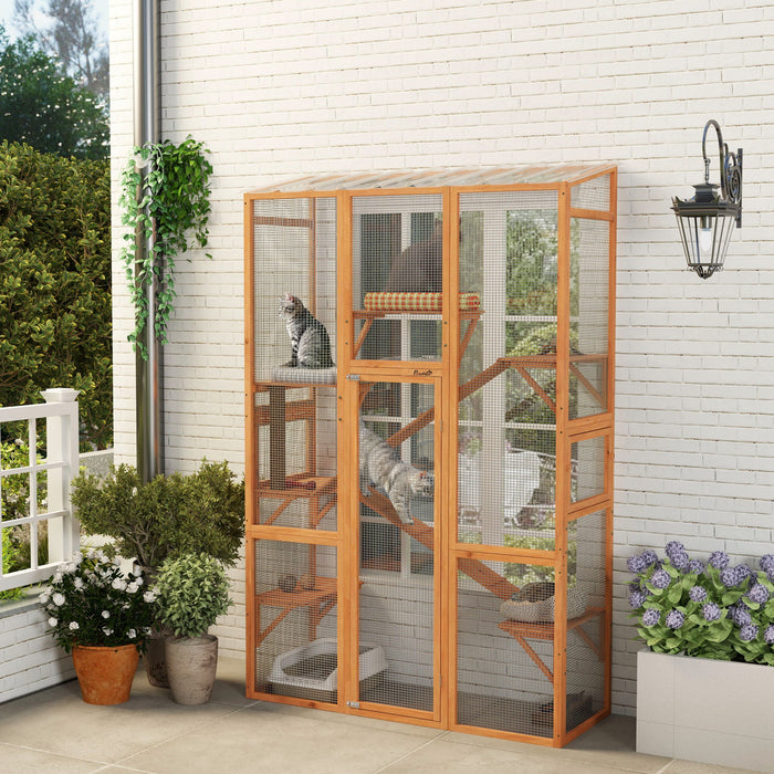 Pawhut Catio Outdoor Cat Enclosure, Large Wooden Cat House With 6 Jumping Platforms, Scratching Post, 2 Ramps, Waterproof Roof, Outdoor Cat Cage For 2-3 Kittens, 64\" X 24\" X 99\"