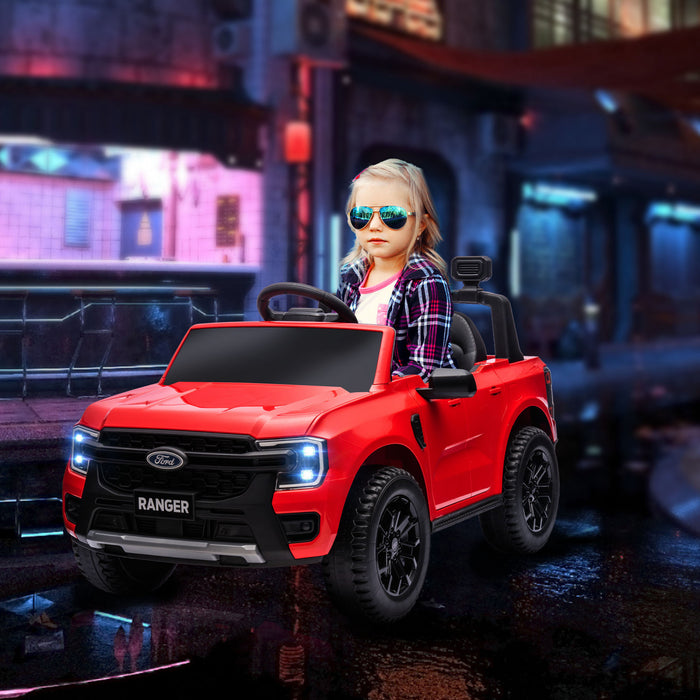 Qaba Ford Ranger Licensed 12v Powered Ride-On Car With Rear Storage, Battery Powered Kids Electric Car Truck With Remote Control, Spring Suspension, Headlights, Music Horn, Red