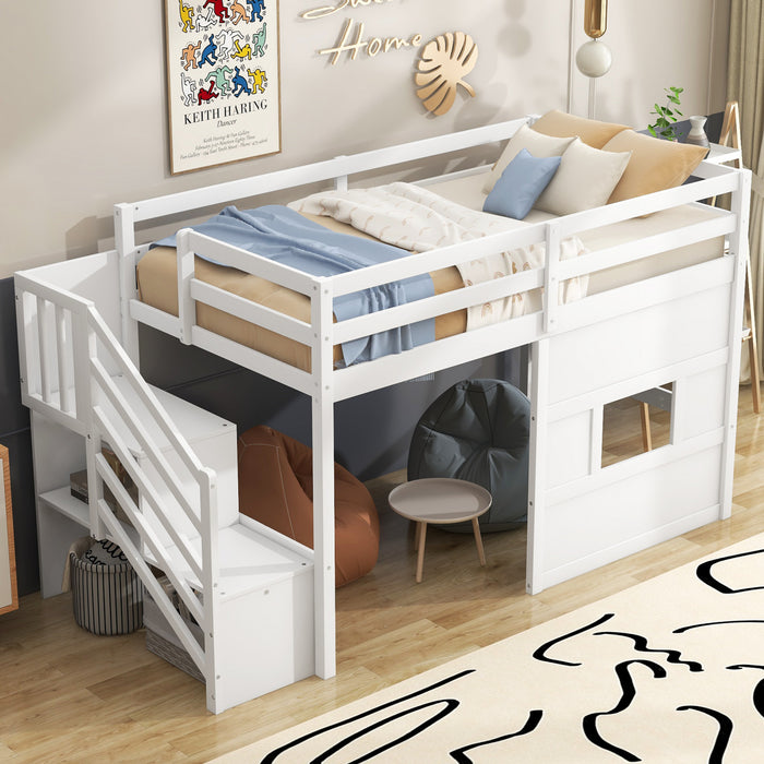 Pepys Modern Loft Bed with Storage Staircase and Window,Twin Size,White Twin Bed