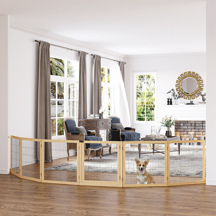 Pawhut Wooden Pet Gate, Dog Safety Barrier, Freestanding Foldable Fence, W/ 6 Panels, 2 Support Feet, For House Doorway Stairs, Small & Medium Dogs, Natural Wood