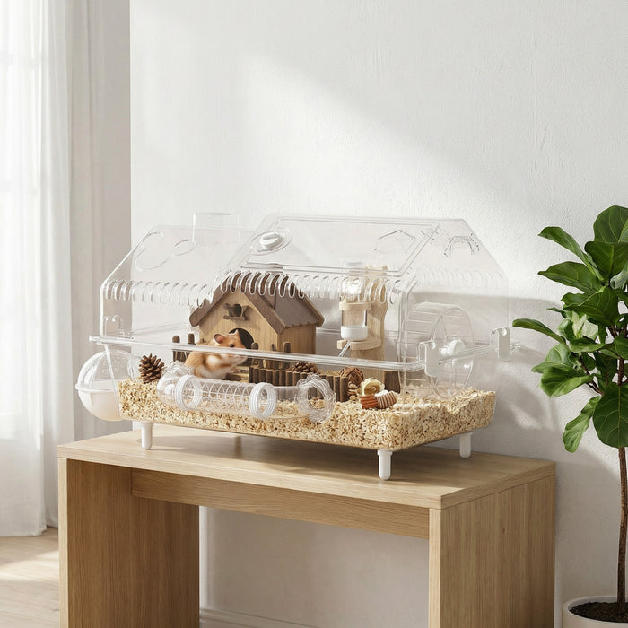PawHut Large Hamster Cage, Gerbil Cage with Full Transparent Viewing Top Opening Hamster House including All Accessories, for Dwarf Critter, 21.5\" x 11.8\" x 12.6\"