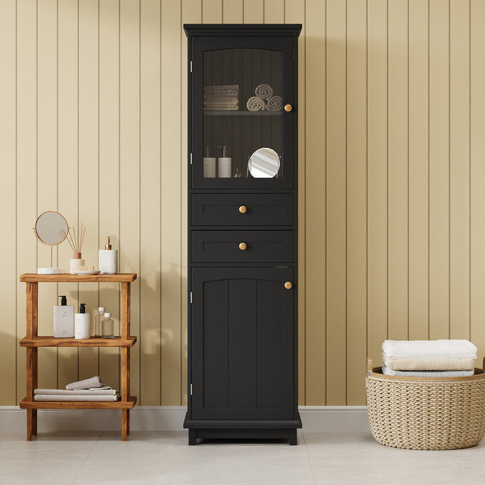 Jamie 63\" Pine Wood Tall Bathroom Storage Cabinet With Adjustable Shelves And Glass Doors - Green