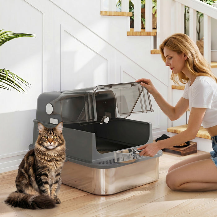 PawHut Stainless Steel Cat Litter Box with Lid, XXL Enclosed Cat Litter Box for Big Cats with High Sides, Double Doors, Scoop, Odor Control, Anti-Leaking, Easy Clean, Black