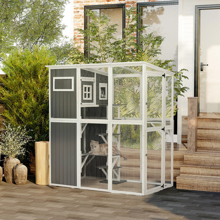 Pawhut Wooden Cat Catio, Outdoor Cat House, Cat Enclosure With Plastic Weather Protection Roof, Multiple Platforms, Resting Condo, Window, Lockable Doors, For 2 Cats