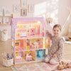 Qaba Wooden Dollhouse with 8 PCS Accessories, 3-Story Doll House with LED Light, 6 Rooms, Kids Pretend Playhouse Toy Gift for Girls 3-6 Years, Pink