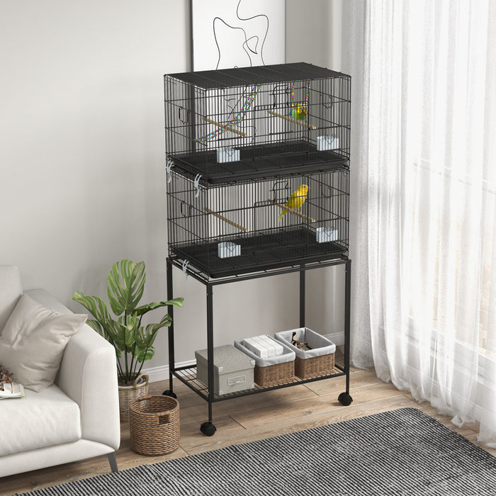 Pawhut Birdcage For Canaries, Lovebirds Finches, Budgie Cage With Wheels, Removable Tray, Bottom Mesh Panel, Wooden Perches, Swing, Ramp, Food Containers, 30\" L X 18\" W X 65\" H