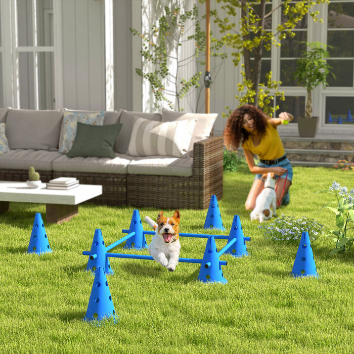 PawHut 39''L Set of 4 Dog Agility Hurdle Cone Set for Large Medium Small Size Dog, Agility Training Equipment 8 Cones 4 Rods Starter Kit with Carrying Bag, Blue