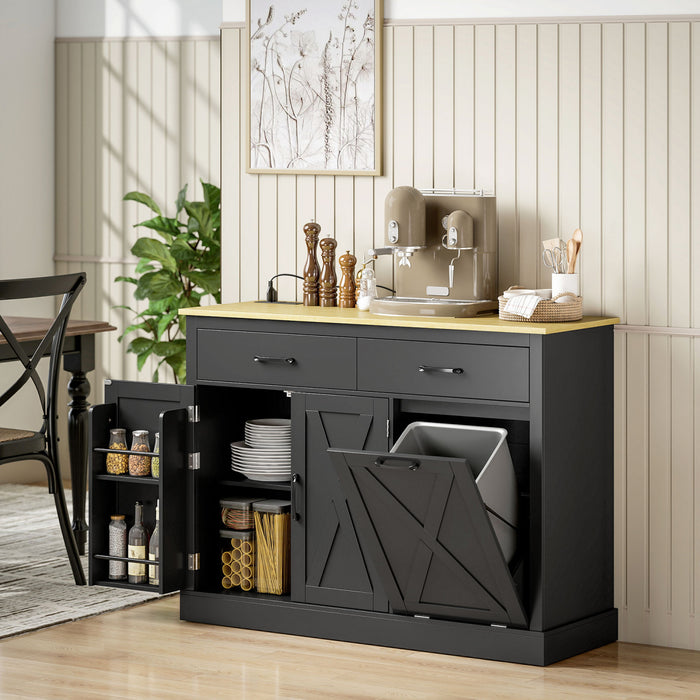 HOMCOM Tilt Out Trash Cabinet with Charging Station, Kitchen Island, Black
