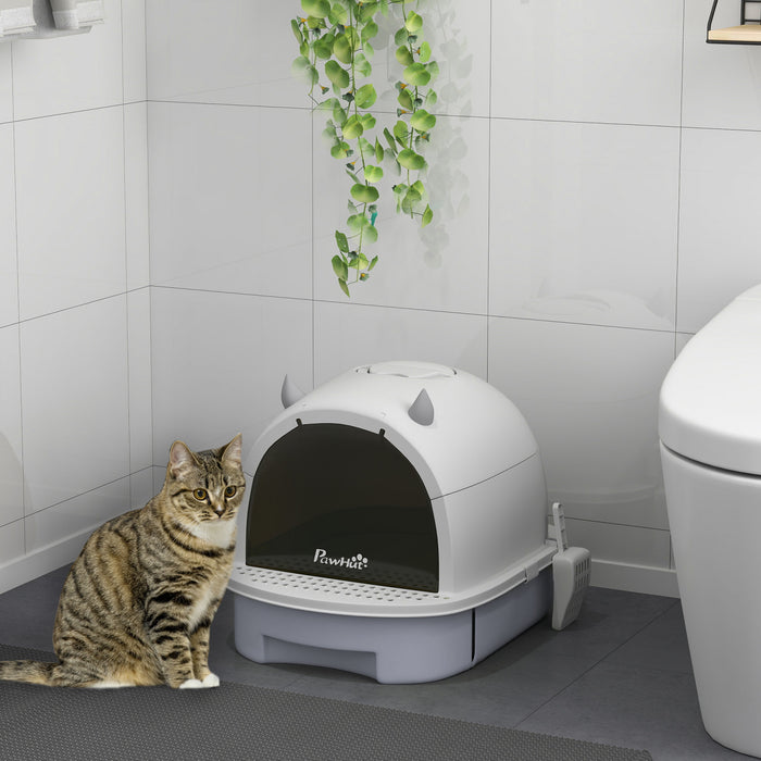 Pawhut Cat Litter Box With Lid, Drawer Style Enclosed Kitty Litter Box With Front Door Flap, Scoop, Handle, Easy Clean, Cat Litter Tray For Small And Medium Cats, Grey