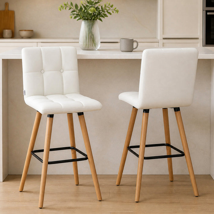 HOMCOM Bar Stool Set of 2 Upholstered Kitchen Stool w/ Wood Legs, White