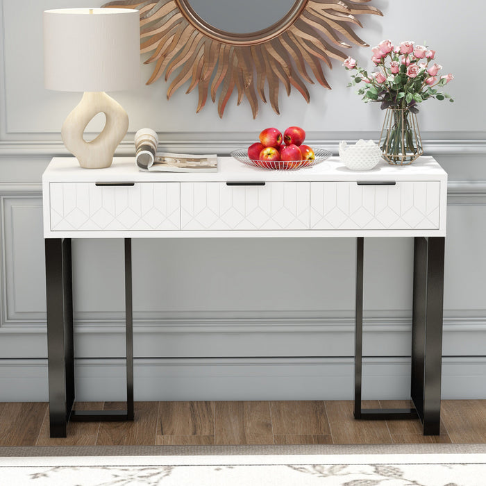 Horizon Modern Console Table with Geometric Drawers and Gold Frame, White/Black