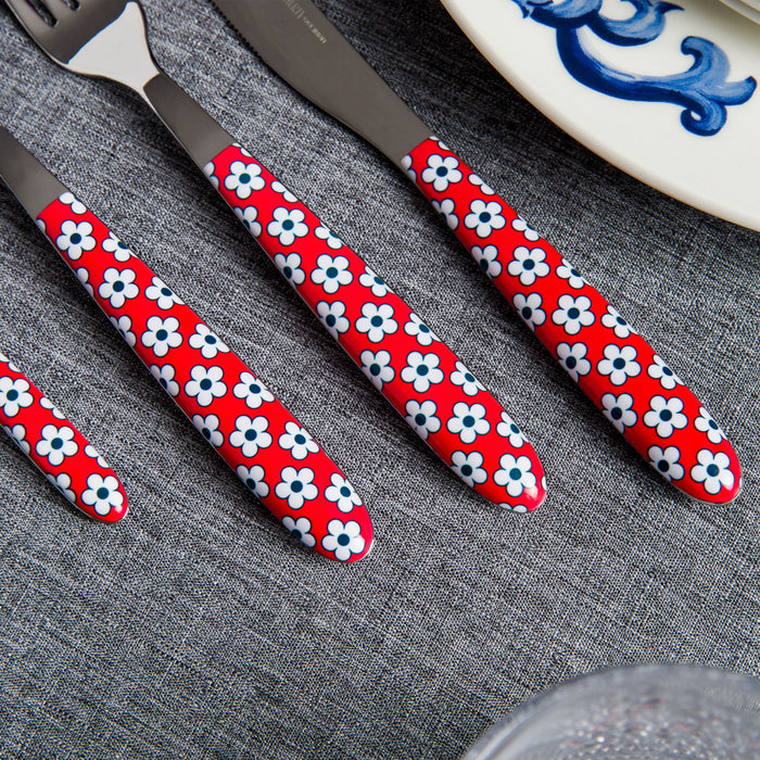 Arimi Nilu Decor Italian Stainless Steel 24 Piece Flatware Set - Service For 6 - Flower Red Handle